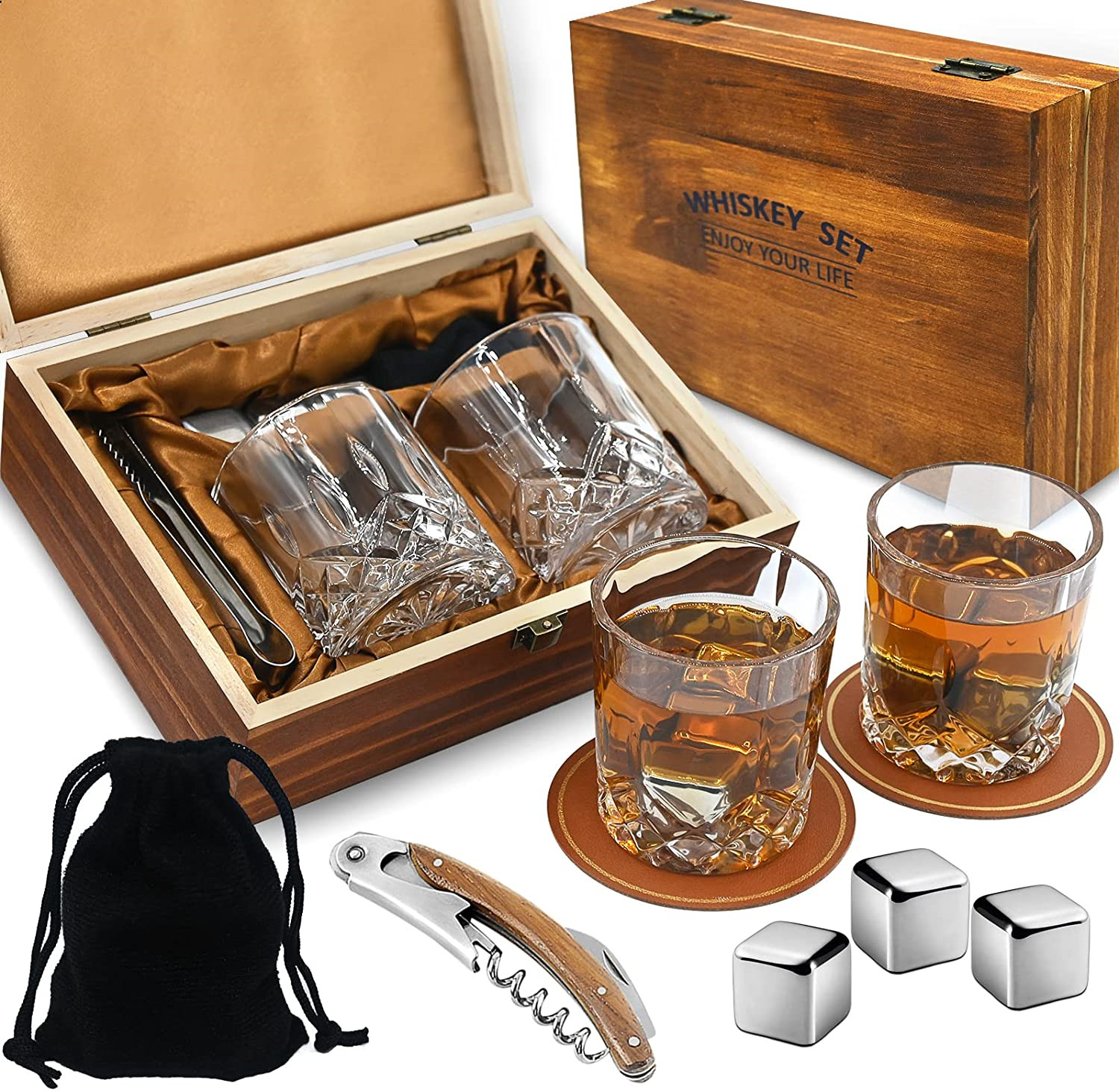 40th Birthday Gifts for Him, Men's Birthday Gifts Ideas, Bourbon Gifts for  Whiskey Lovers Handmade Crafted Wood Box,12 OZ Whisky Glass, Whiskey Stones  Gifts for Husband Gift for Man, Anniversary Gifts :