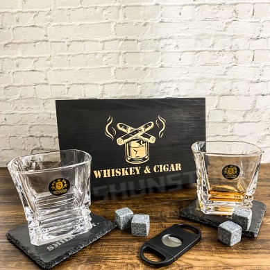 Old Fashion whiskey Glass granite whiskey stone Scotch Bourbon wine Glass in matte wooden Box Set