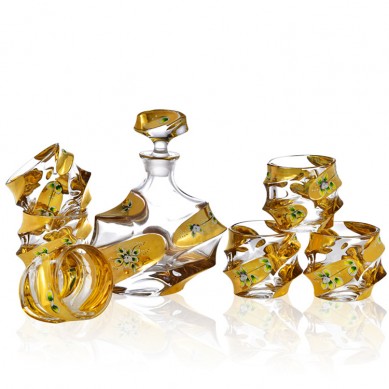 European Style Painted Gold Enamel Flower Lead-Free Crystal Engraved Whiskey Decanter Set With 6 Glasses For Whiskey