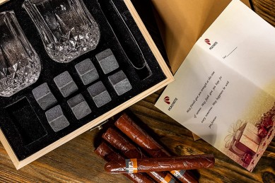 Whiskey glass set granite chilling whiskey stones in handmade wooden gift box gifts for men