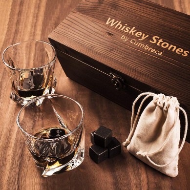 Whiskey Stones Gift Set 8 Granite Chilling Whisky Rocks Crystal Whiskey Glasses Gift Wooden Box