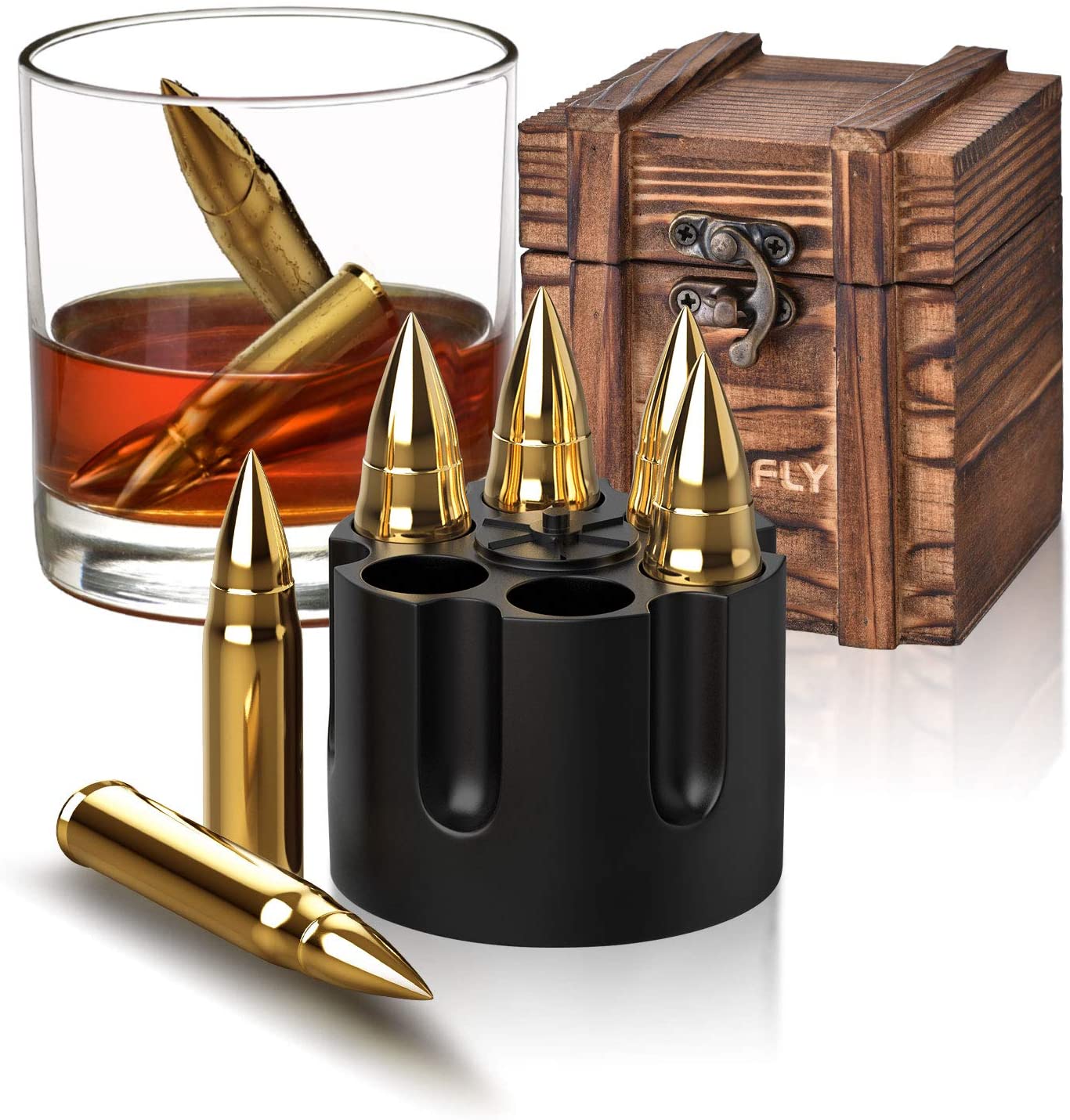 China Customized golden bullet shape reused whiskey ice cube stone set by  wooden gift box Manufacturers and Suppliers