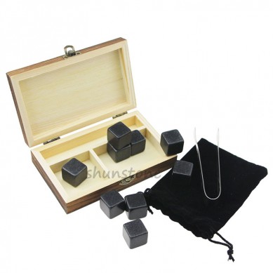 High end 6 pcs of Black Polished whiskey stones gift set with Tong  in Wooden Gift Box