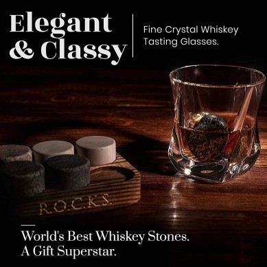 Premium Granite Round Sipping Rocks  Crystal Glasses in Storage Tray