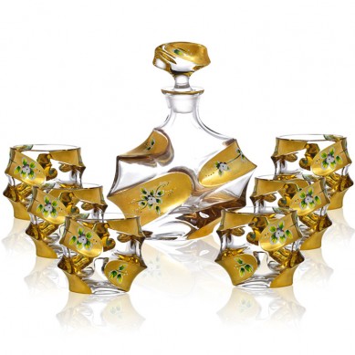 European Style Painted Gold Enamel Flower Lead-Free Crystal Engraved Whiskey Decanter Set With 6 Glasses For Whiskey