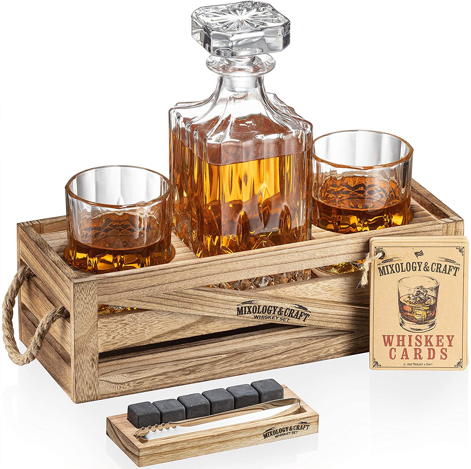  Luxurious Bar Gift Set - 2 Whiskey Glasses + 10 Bullets  Chilling Stainless-Steel Whiskey Rocks - Slate Stone Coasters & Tongs - Set  in Premium Wood Box by The Wine Savant 