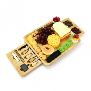 Premium Extra Charcuterie Space Wood Bamboo Cheese Board With Stainless Steel Knife Set And Removable Drawers