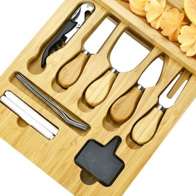 Premium Extra Charcuterie Space Wood Bamboo Cheese Board With Stainless Steel Knife Set And Removable Drawers