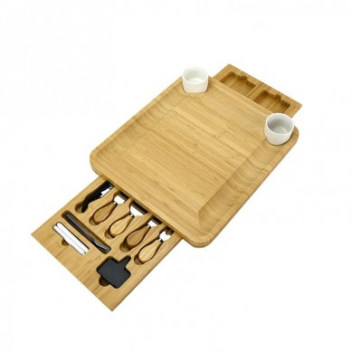 Premium Extra Charcuterie Space Wood Bamboo Cheese Board With Stainless Steel Knife Set And Removable Drawers