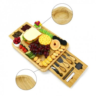 Premium Extra Charcuterie Space Wood Bamboo Cheese Board With Stainless Steel Knife Set And Removable Drawers